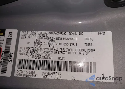 2021 Toyota Tundra Limited from USA, damaged, VIN 5TFHY5F10MX015958